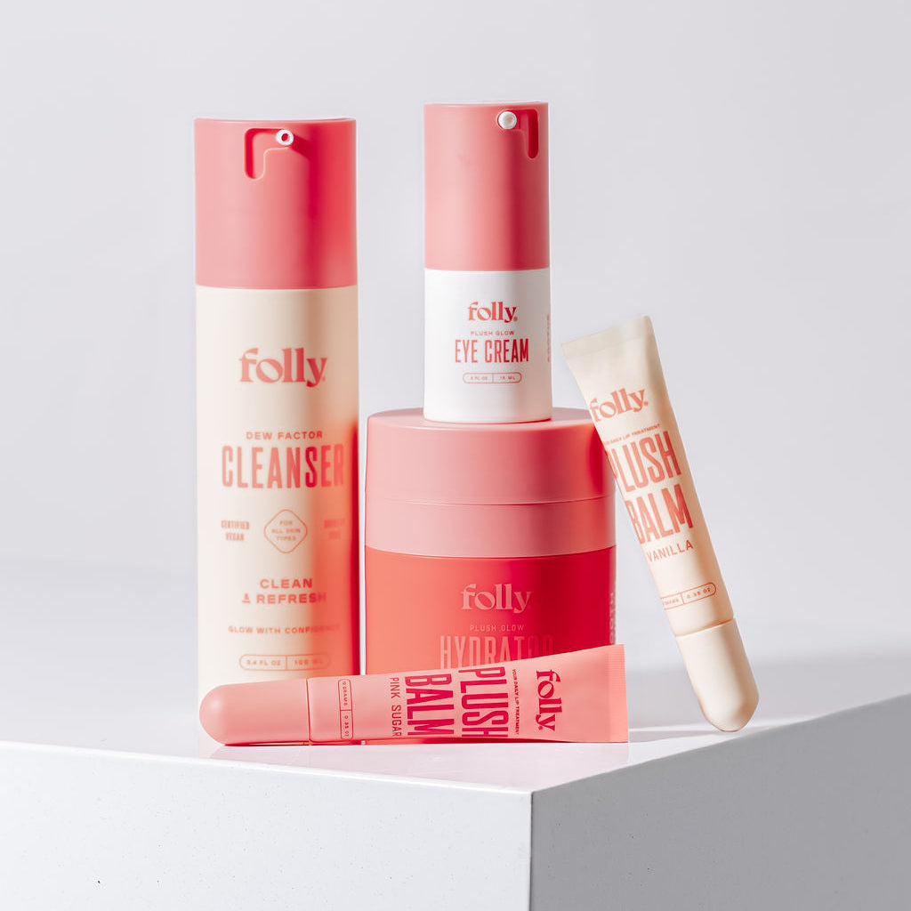 The Full Ritual set: Dew Factor Cleanser, Plush Glow Hydrator, Plush Glow Eye Cream and Plush Balm, Folly Skincare