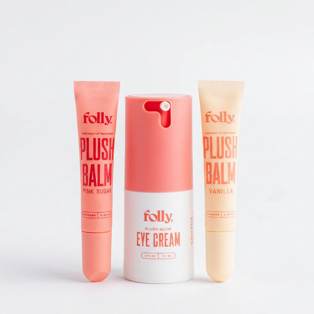 The Lip + Eye Duo: Plush Glow Eye Cream with Plush Balm in Pink Sugar and Vanilla, Folly Skincare