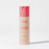 Dew Factor Cleanser gel face wash in a cream and coral pump bottle, Folly Skincare