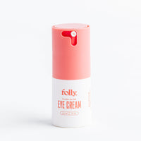 Plush Glow Eye Cream caffeine eye cream in a white and coral pump bottle, Folly Skincare